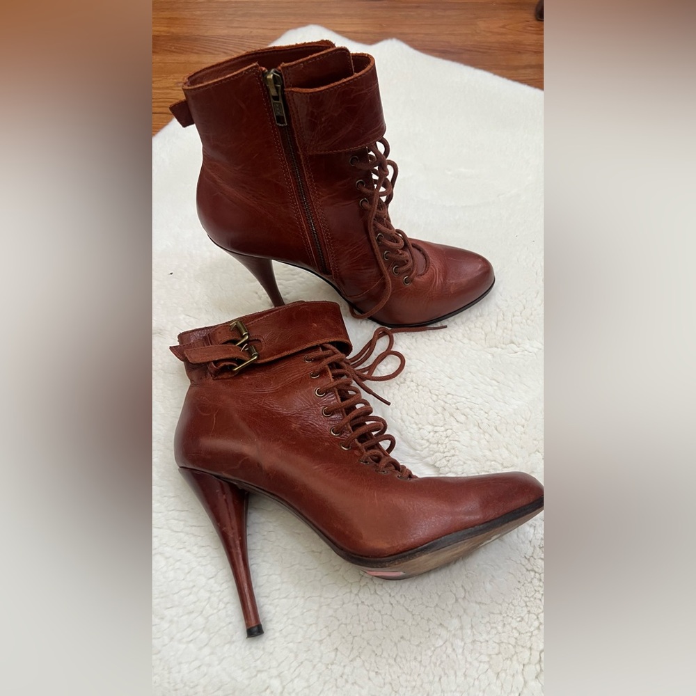 Joie Brown Leather Lace-Up Heeled Ankle Boots with Buckle Strap – Size 9